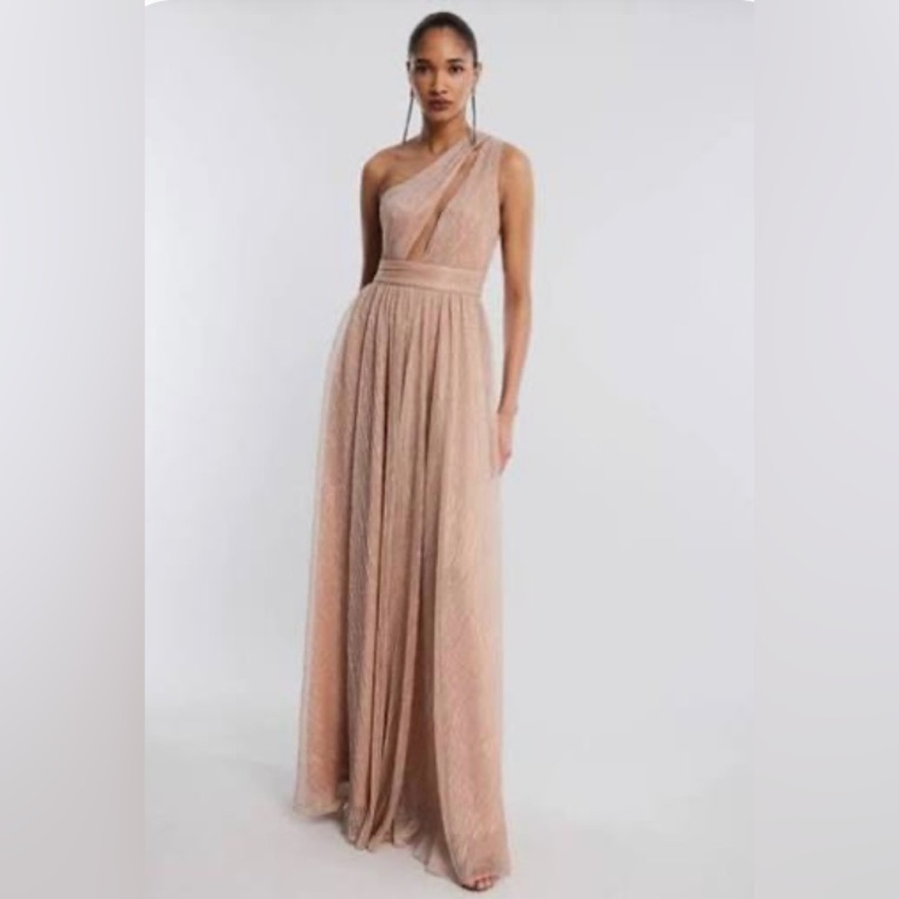 BCBGMaxAzria One-Shoulder Evening Gown with Cutout & Metallic Detailing Size 4